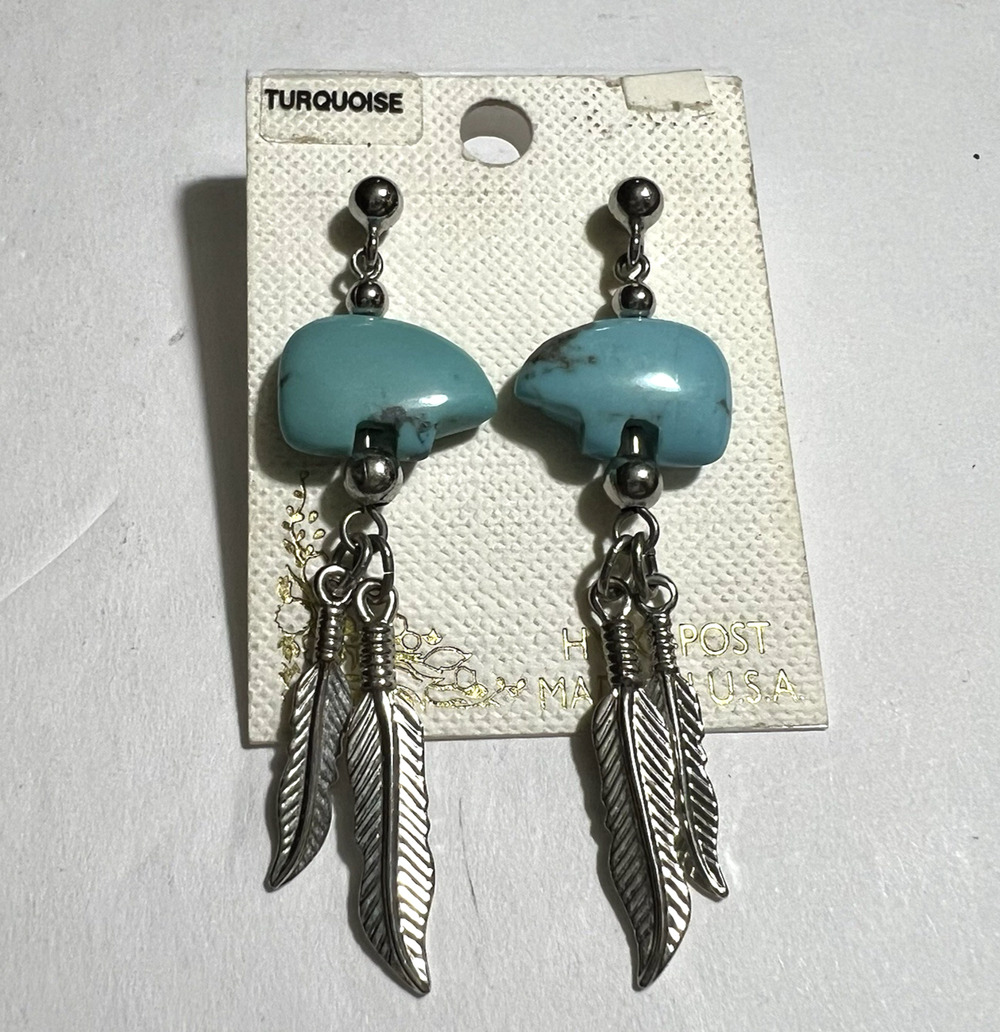 Turquoise Bear Feather Dangle Earrings Silver Tone Hypoallergenic Southwestern